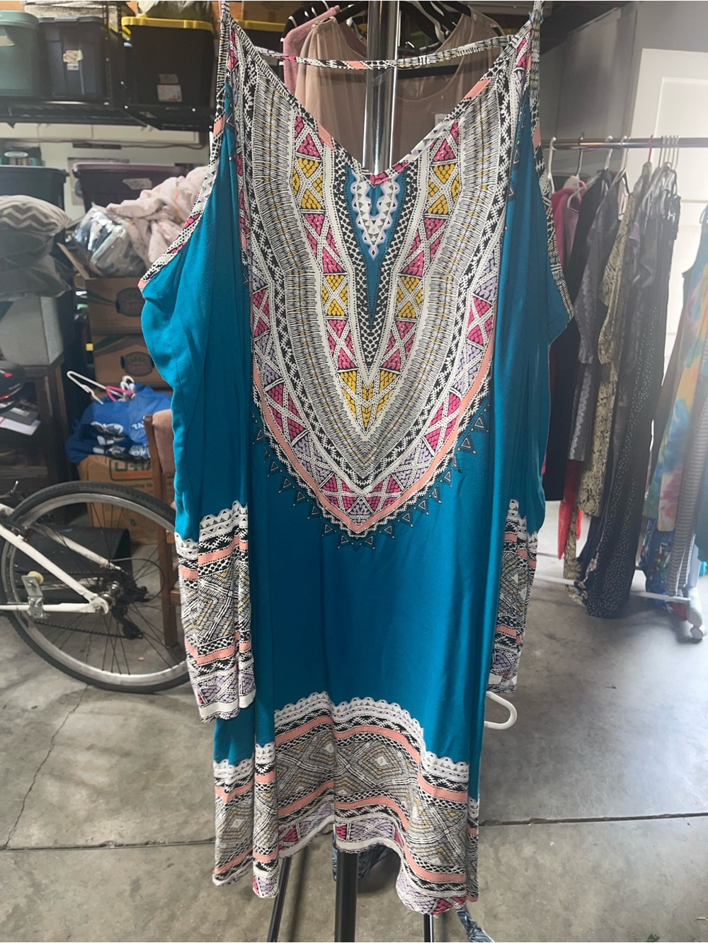 Teal Boho Embroidered Cold-Shoulder Dress